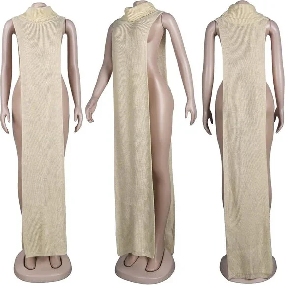 Women Sleeveless Maxi Sweater Dress Knitted Turtleneck Side Split